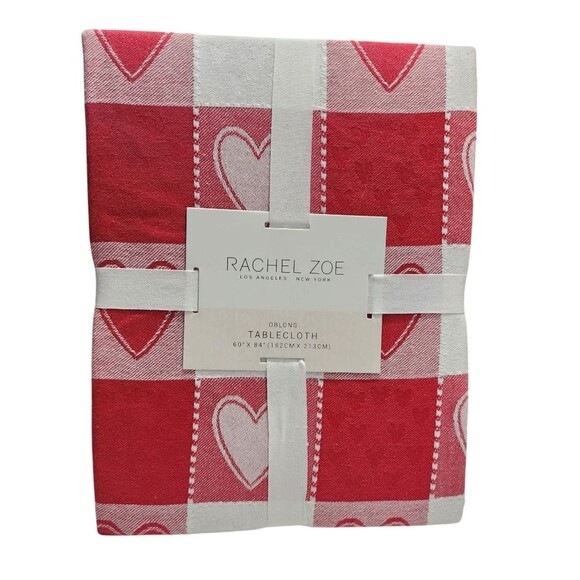 Rachel Zoe Red And White Hearts Woven Check Cotton Tablecloth 60x84in Oblong - Picture 3 of 13